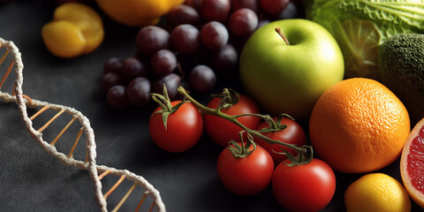 Variety of fresh fruits and vegetables including tomatoes grapes apple orange and broccoli are displayed alongside DNA model symbolizing connection between nutrition and genetics