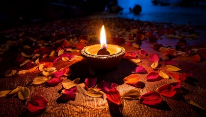 Brightly Lit Diya Oil Lamp Surrounded By Flower Petals During Diwali Celebrations At Dusk