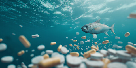 Fish swims through ocean filled with floating pills, highlighting impact of pharmaceutical pollution on marine life. scene evokes concern for ocean conservation and environmental health