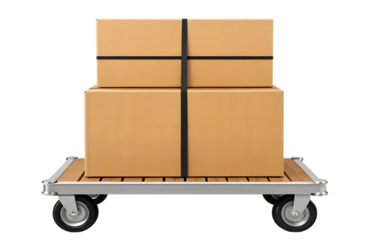 Stack of cardboard shipping boxes secured with straps on a silver metal dolly with wheels isolated on transparent background