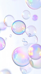 Colorful Soap Bubbles Floating on White Background – Minimalist Abstract