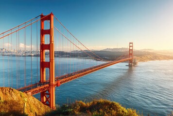 Naklejka premium Iconic red suspension bridge spans a wide blue bay under a clear sky, with hills and a distant city on the horizon. Warm light bathes the scene