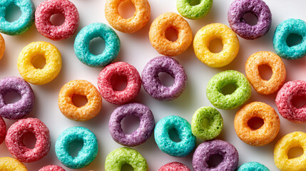 An overhead shot of colorful cereal rings scattered on a white surface, creating a vibrant pattern