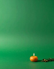 Minimalist Green Soy Candle on Digital Lavender, wood, Orange, Pop Pink, Meadowland Green, Clay, Wax Paper, Cocoa Powder Background, Wellness and Calm Concept, Subtle Holiday Accent, Ample Copy Space