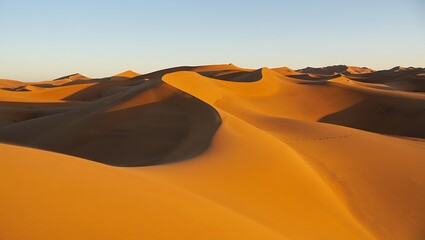 Golden sand dunes in the desert at sunset with clear sky