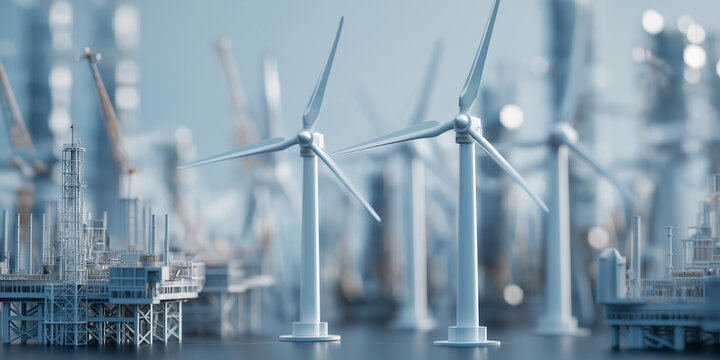 Futuristic scene of offshore wind turbines and oil rigs highlights transition to sustainable energy investments. image captures contrast between renewable and traditional energy sources