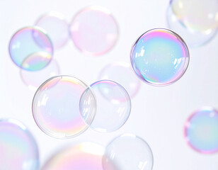 Colorful Soap Bubbles Floating on White Background &ndash; Minimalist Abstract