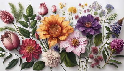 Fototapeta premium Beautiful Vintage Botanical Illustration With Various Colorful Flowers And Plants On A Light Background Perfect For Design And Decor Projects