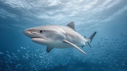 Fototapeta premium Majestic Shark Swimming Gracefully Through Clear Blue Ocean Water Surrounded by Small Fish in Underwater Marine Environment