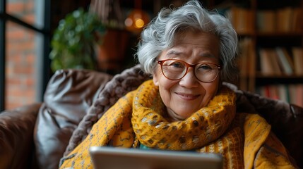 Senior woman using tablet with cozy cafe.