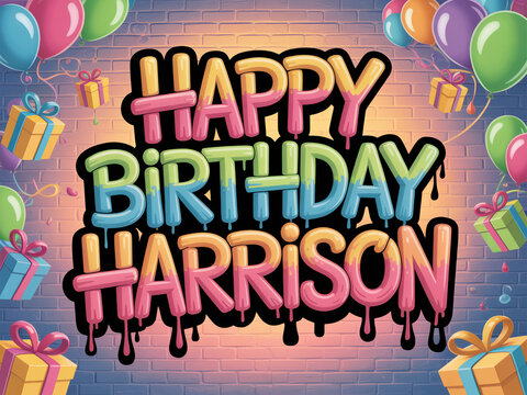 Colorful Happy Birthday Harrison poster with balloons and gifts. Festive party decoration background