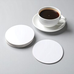 Blank white coasters with a cup of coffee