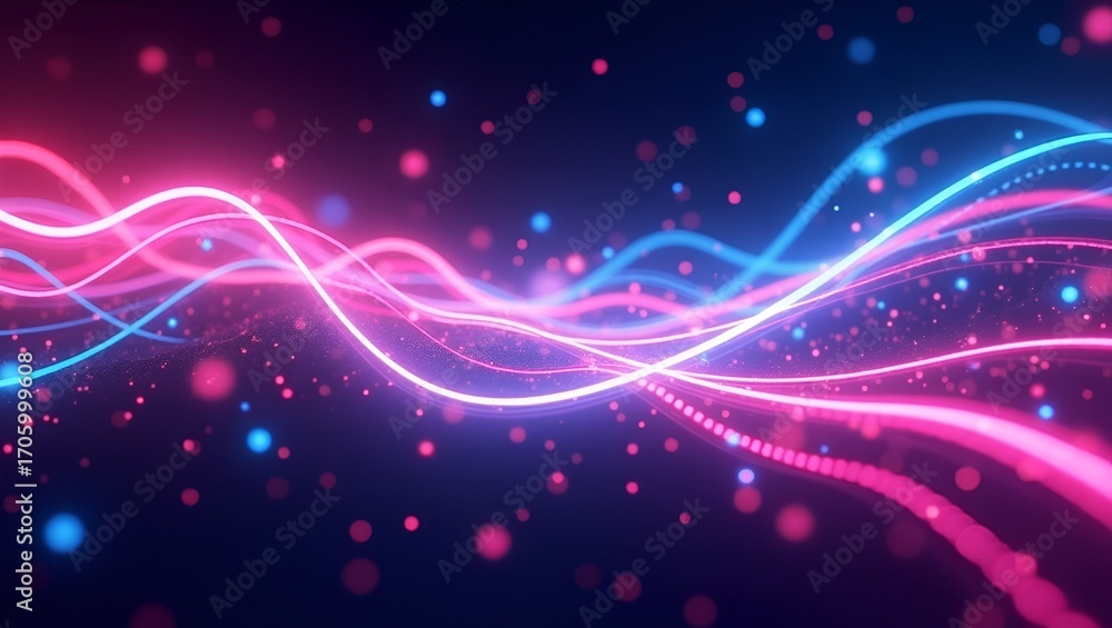 Poster intertwined wave lines in neon pink and blue, streaking across a dark abstract backdrop with glowing
