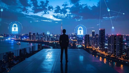 A person gazes over a cityscape at dusk, digital padlocks and network nodes overlay the scene, hinting at security