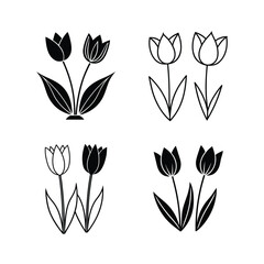 Four sets of tulip flower icons in black and white