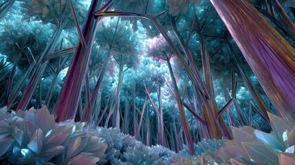 Crystal forest exploration enchanted grove digital art surreal environment aerial view nature's beauty