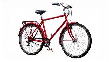 Fototapeta premium Red cruiser bicycle with cargo rack and fenders, isolated on white background