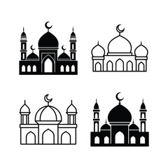 Four mosque illustrations in black and white style