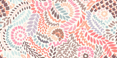 Whimsical hand drawn abstract floral pattern in pastel colors with organic shapes and textures
