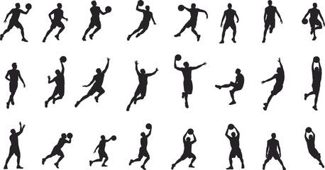 Flat vector illustration of basketball player silhouettes, multiple action poses with ball, sports figures in motion, athletic movement icons, black and white design