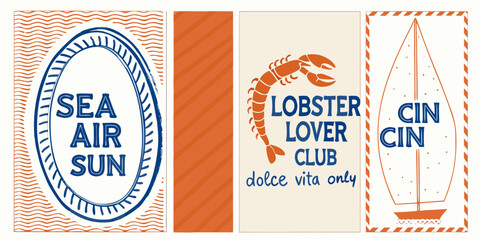 Nautical themed vintage style posters featuring sea air sun lobster lover club and cin cin with sailing boat