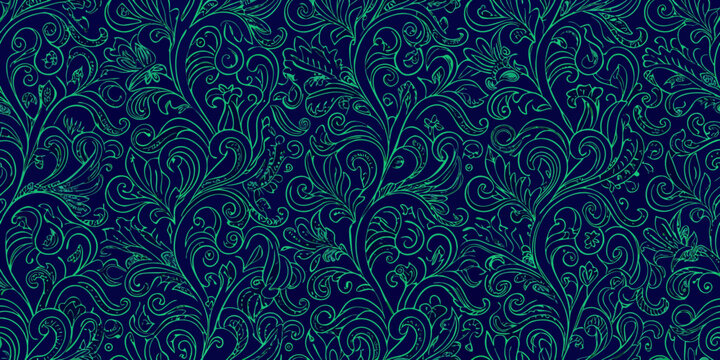 Elegant seamless pattern of swirling green floral vines and leaves on a deep navy blue background