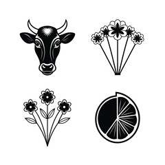Black and white icons of cow flowers and an orange
