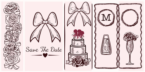Elegant hand drawn wedding elements collection featuring roses cake bows and champagne flutes