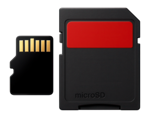 MicroSD card with SD adapter and bright red label for easy identification