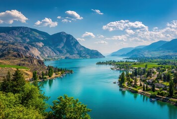 Naklejka premium Serene turquoise lake bordered by mountains, fields, and trees under a blue sky with puffy clouds. The view spans a scenic landscape on a sunny day