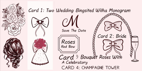 Elegant wedding invitation elements featuring roses bows monogram and champagne glass