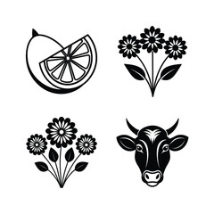 Black and white icons of lemon flowers and a cow face