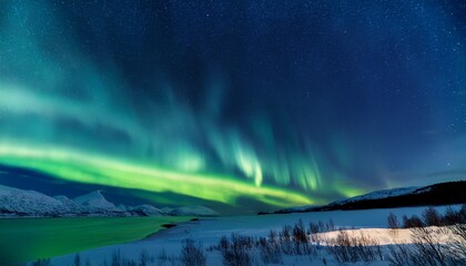 Naklejka premium An Enchanting Display Of The Northern Lights Painting The Night Sky In Vibrant Hues Of Green And Blue Offering A Breathtaking Spectacle Of Nature S Wonder