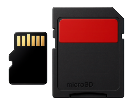 MicroSD card with SD adapter and bright red label for easy identification