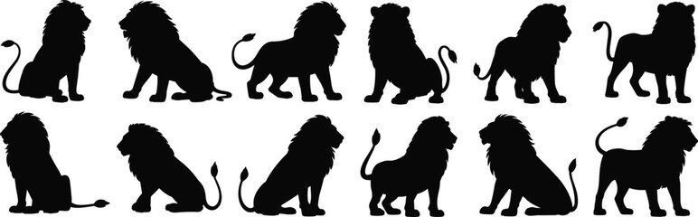 Lion silhouette collection, black vector lions, wild animal pose, African king, powerful beast graphic, majestic big cat art, standing, sitting