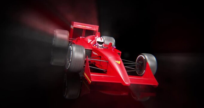 Animated racing car on black background with reflections. Race Sports Related 3D Computer Animation.