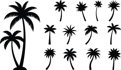 Obraz premium Palm tree silhouette collection, tropical nature icons, coconut tree vector set, beach paradise elements, summer vibe graphics, flat vector illustration.
