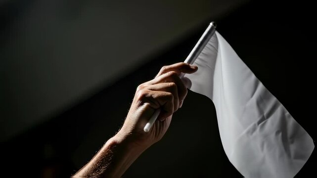 Male caucasian hand raising white flag on dark background, representing surrender, truce, or peace during conflict footage.