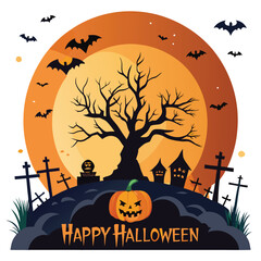 Spooky halloween night landscape with a large glowing orange moon and silhouetted trees