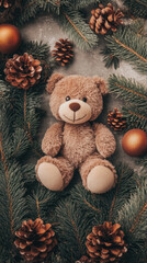 Adorable brown plush bear surrounded by pine branches, pinecones, and festive christmas ornaments in a cozy holiday arrangement