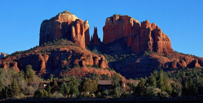 Majestic red rock formations rise against a clear blue sky, with trees and small buildings nestled at their base in a scenic desert landscape