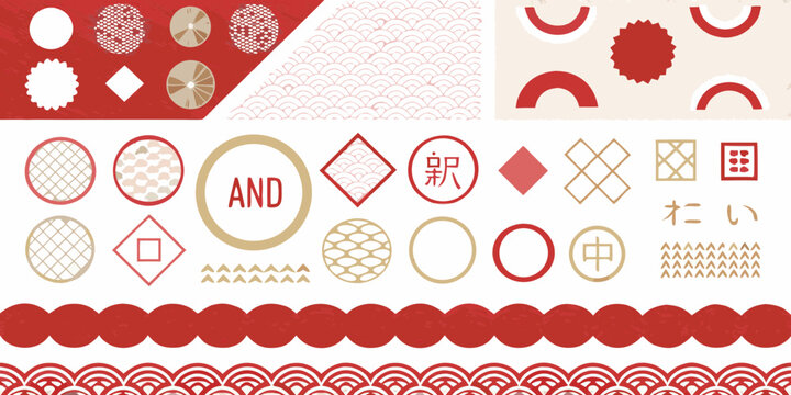 Collection of japanese inspired graphic elements and patterns in red and gold tones