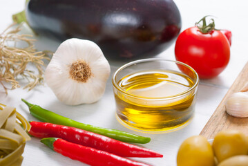 mediterranean food ingredients on white wood table
