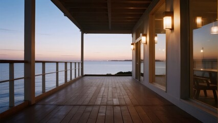 Obraz premium Wooden veranda overlooking the ocean at sunset with warm interior lighting