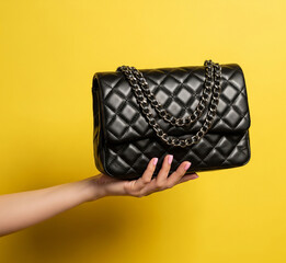 female hand holding a black purse