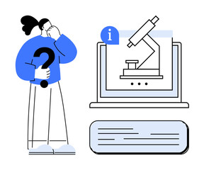 Person holding a question mark near a computer with a microscope image and information bubble. Ideal for science, research, online learning, decision-making, innovation, education, problem-solving