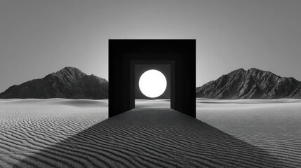 Monochrome surreal desert landscape, featuring nested squares framing a bright circle, flanked by mountains. Sand textures contrast with geometric forms