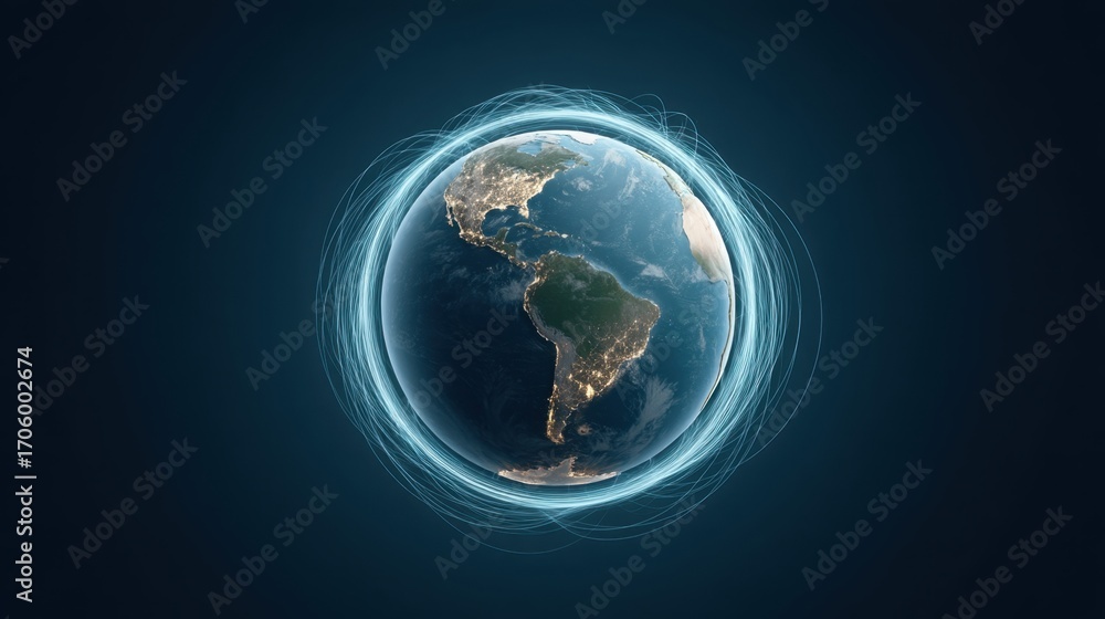 Poster Stunning View of Earth from Space Surrounded by Glowing Energy Waves Symbolizing Connectivity and Technology in the Vast Universe