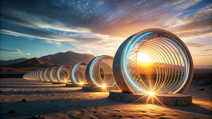 Illustrated glowing renewable desert spirals reflecting futuristic solar eco power technology  