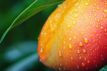 Close-up of a ripe mango on the tree, glistening with water droplets.